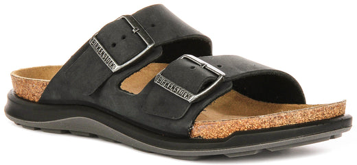 Sandalias Birkenstock Arizona | Cuero de gamuza negro - suela Crosstown para mujeres - ajuste regular