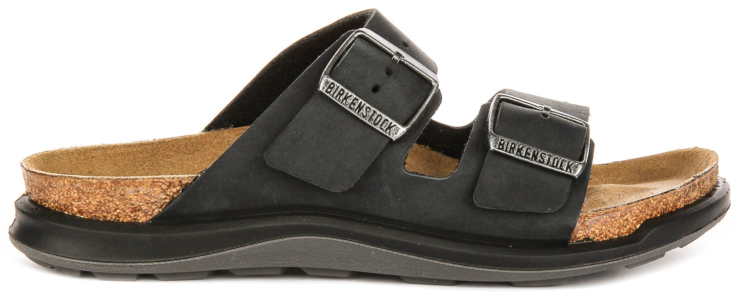 Sandalias Birkenstock Arizona | Cuero de gamuza negro - suela Crosstown para mujeres - ajuste regular