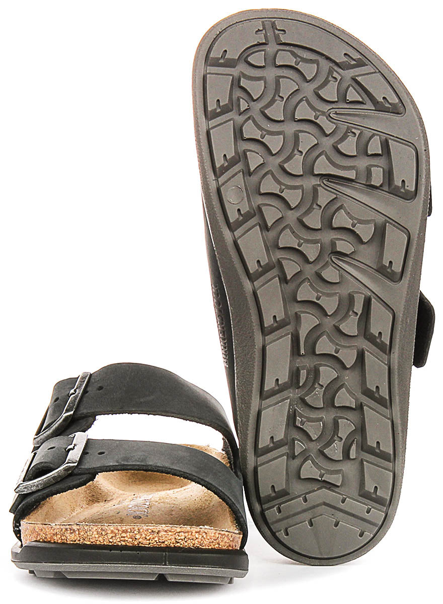 Sandalias Birkenstock Arizona | Cuero de gamuza negro - suela Crosstown para mujeres - ajuste regular
