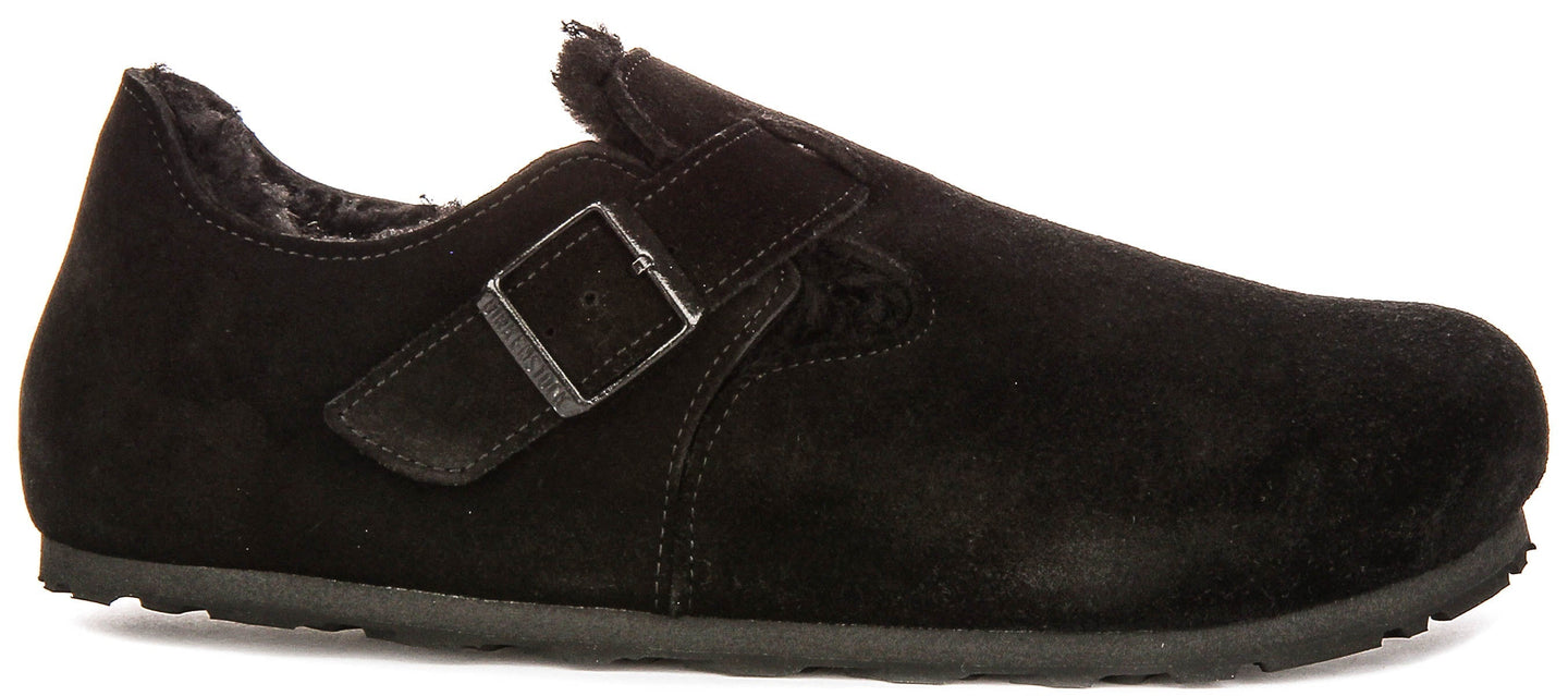 Zuecos Birkenstock London | Ante forrado de borrego negro para mujeres - Ajuste regular