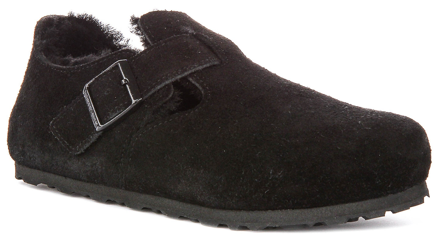 Birkenstock London Klompen | Zwart suède met schapenvachtvoering voor Mannen en Vrouwen - Smalle Pasvorm