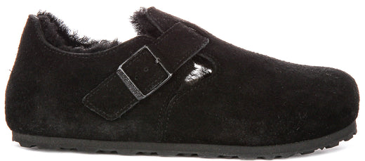 Birkenstock London Klompen | Zwart suède met schapenvachtvoering voor Mannen en Vrouwen - Smalle Pasvorm