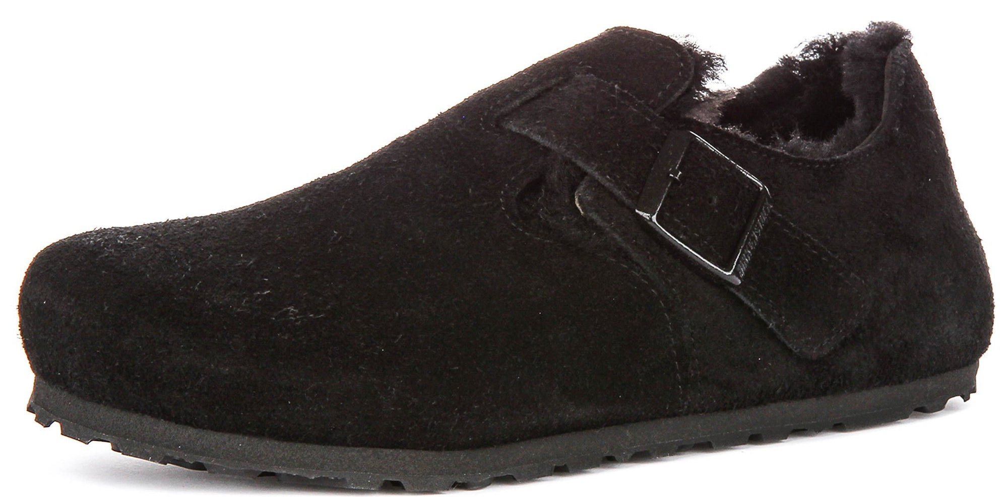 Sabots Birkenstock London | Daim doublé en peau lainée noir pour hommes et femmes - Coupe étroite