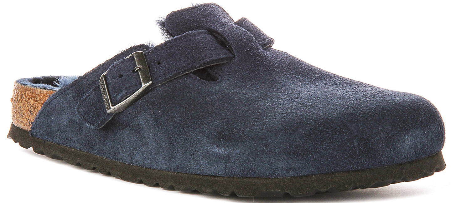 Zuecos Birkenstock Boston | Ante forrado de borrego azul marino para mujeres - Ajuste regular