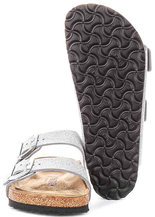 Sandalias Birkenstock Arizona | Birko-Flor plateado metálico - Acabado metálico para mujeres - Ajuste regular