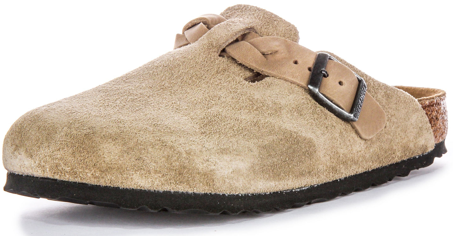 Zuecos Birkenstock Boston | Cuero de ante taupe - Correa trenzada para mujeres