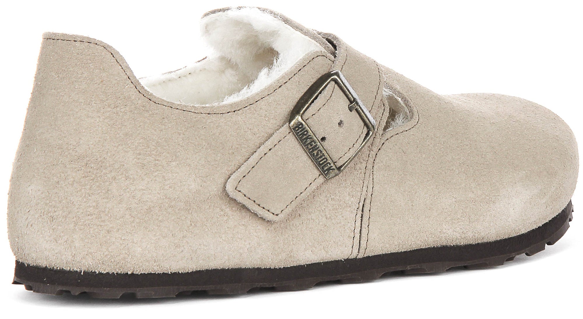 Sabots Birkenstock London | Cuir suédé taupe doublé en peau lainée pour femmes