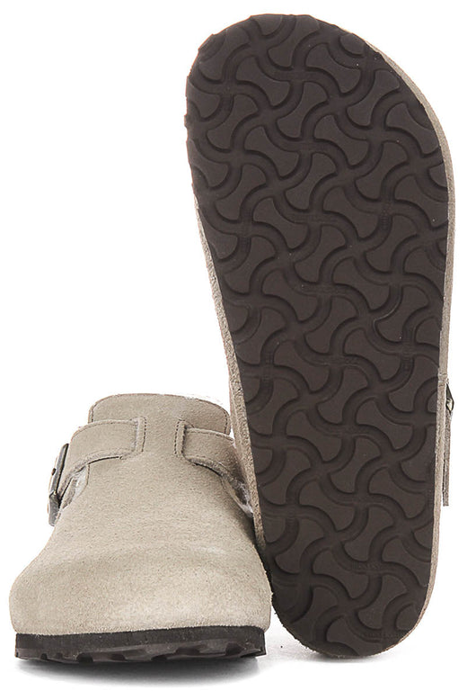 Birkenstock London Klompen | Taupe suède met schapenvachtvoering voor Dames