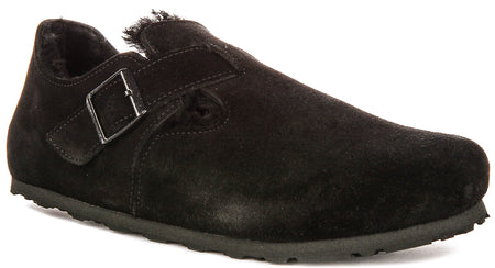 Birkenstock London Klompen | Zwart suède met schapenvachtvoering voor Vrouwen - Normale Pasvorm