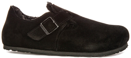 Birkenstock London Klompen | Zwart suède met schapenvachtvoering voor Vrouwen - Normale Pasvorm