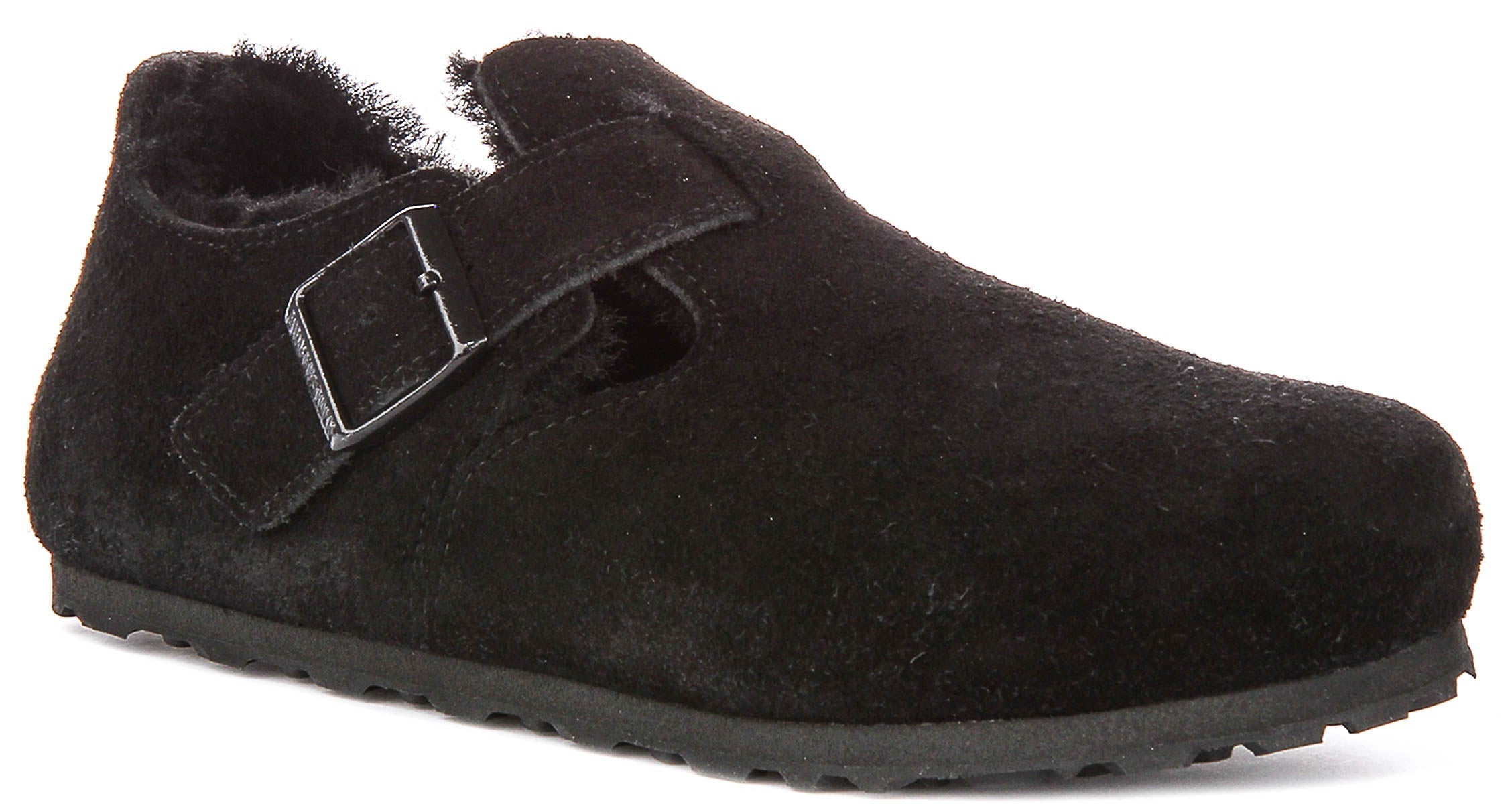 Sabots Birkenstock London | Daim doublé en peau lainée noir pour hommes et femmes - Coupe étroite
