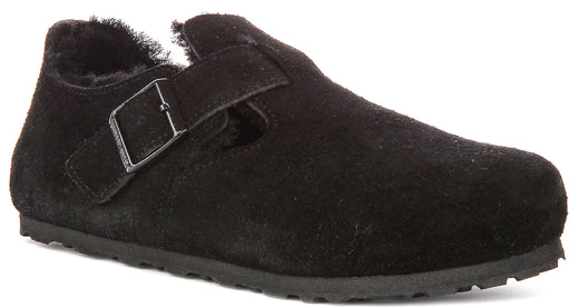 Birkenstock London Klompen | Zwart suède met schapenvachtvoering voor Mannen en Vrouwen - Smalle Pasvorm