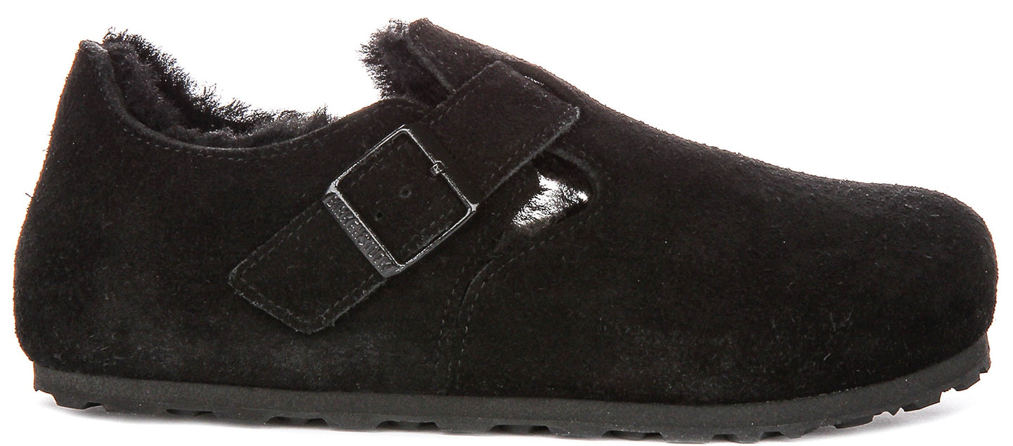 Birkenstock London Klompen | Zwart suède met schapenvachtvoering voor Mannen en Vrouwen - Smalle Pasvorm