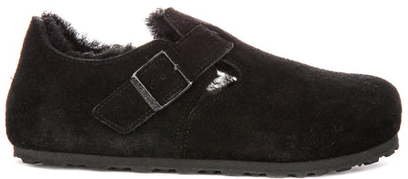 Sabots Birkenstock London | Daim doublé en peau lainée noir pour hommes et femmes - Coupe étroite