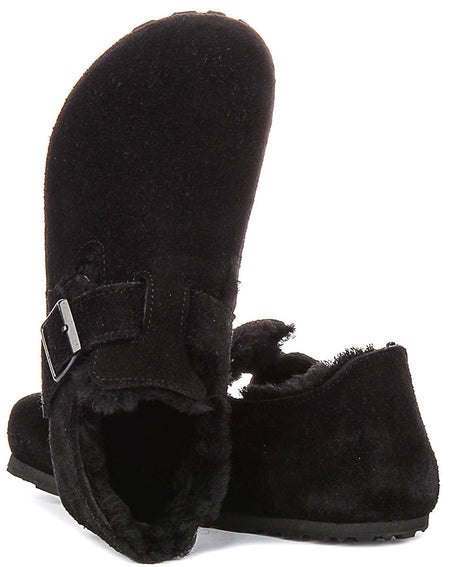 Sabots Birkenstock London | Daim doublé en peau lainée noir pour hommes et femmes - Coupe étroite