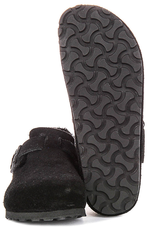 Birkenstock London Klompen | Zwart suède met schapenvachtvoering voor Mannen en Vrouwen - Smalle Pasvorm