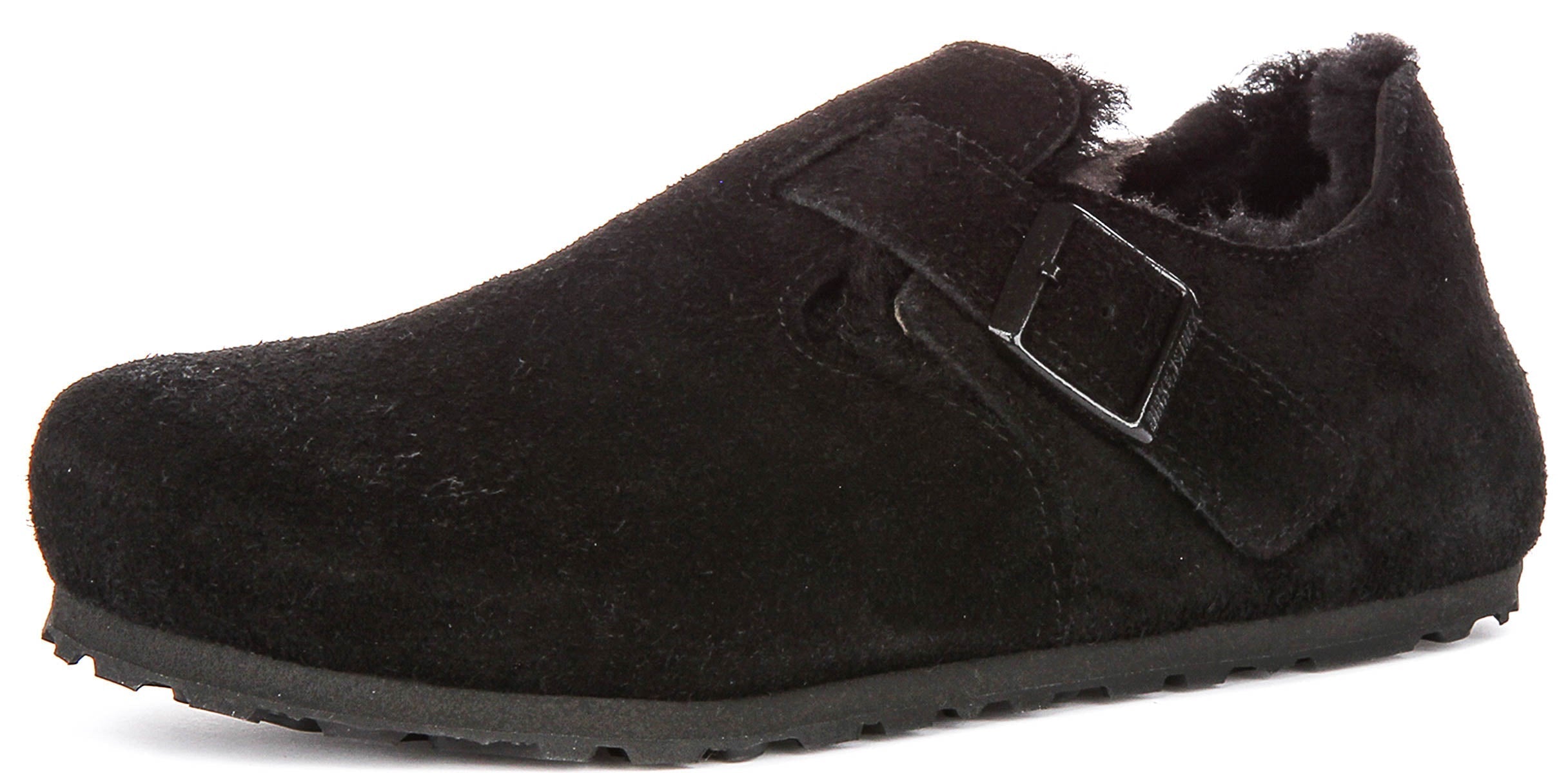 Sabots Birkenstock London | Daim doublé en peau lainée noir pour hommes et femmes - Coupe étroite