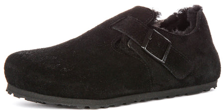 Sabots Birkenstock London | Daim doublé en peau lainée noir pour hommes et femmes - Coupe étroite