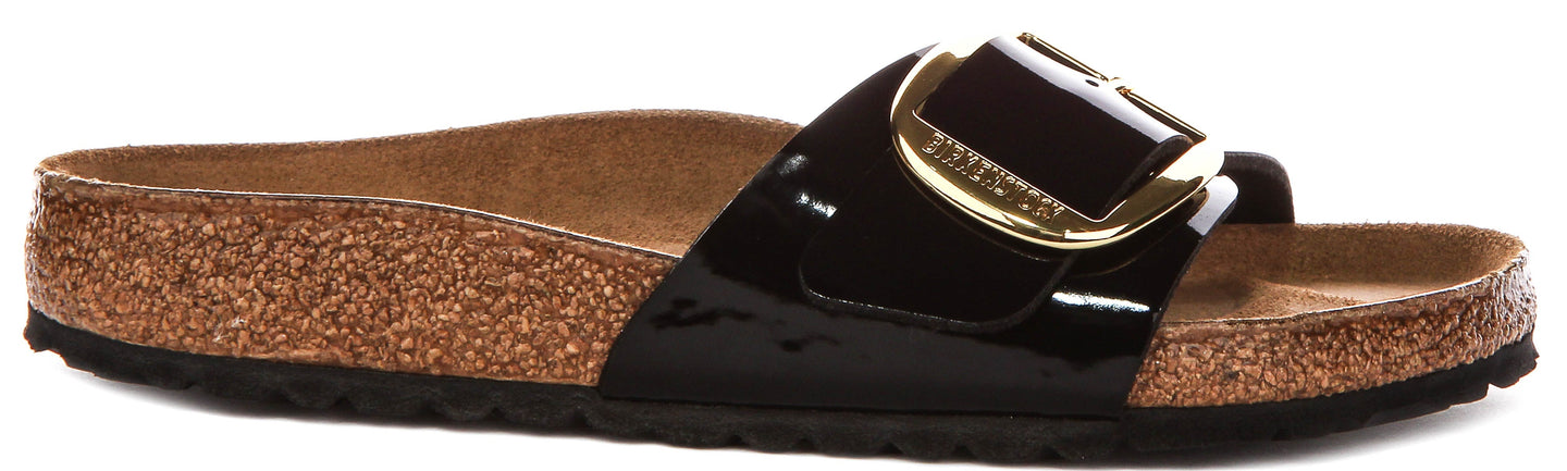 Sandalias Birkenstock Madrid | Cuero negro con acabado en charol - Hebilla grande para mujer - Ajuste regular