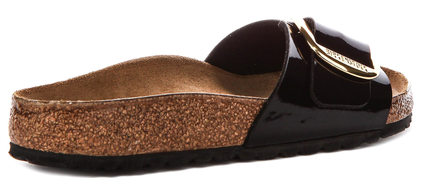 Sandalias Birkenstock Madrid | Cuero negro con acabado en charol - Hebilla grande para mujer - Ajuste regular