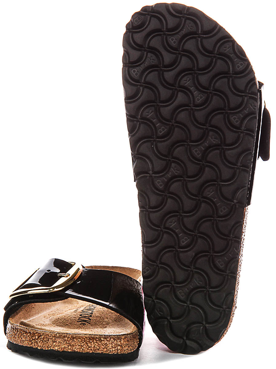 Sandalias Birkenstock Madrid | Cuero negro con acabado en charol - Hebilla grande para mujer - Ajuste regular