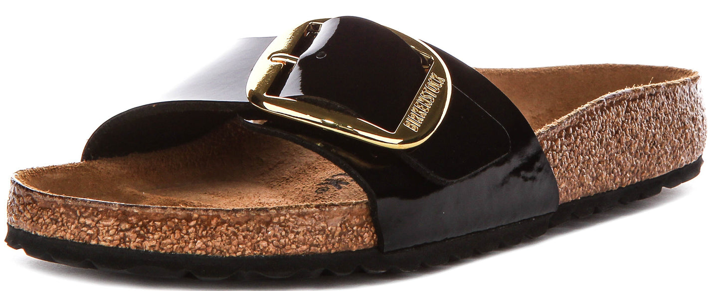 Sandalias Birkenstock Madrid | Cuero negro con acabado en charol - Hebilla grande para mujer - Ajuste regular