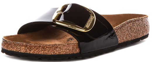 Sandalias Birkenstock Madrid | Cuero negro con acabado en charol - Hebilla grande para mujer - Ajuste regular