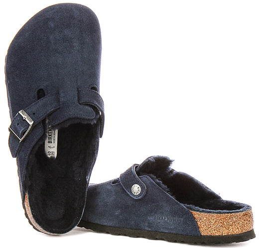 Zuecos Birkenstock Boston | Ante forrado de borrego azul marino para mujeres - Ajuste regular