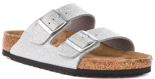 Sandalias Birkenstock Arizona | Birko-Flor plateado metálico - Acabado metálico para mujeres - Ajuste regular