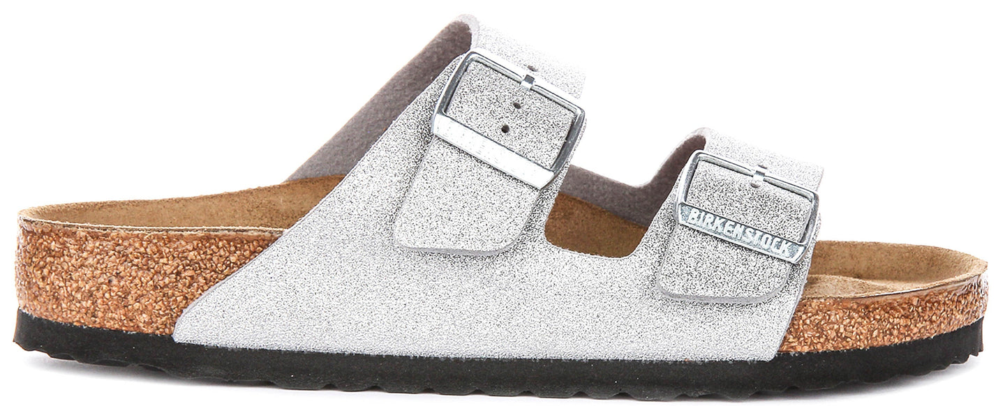 Sandalias Birkenstock Arizona | Birko-Flor plateado metálico - Acabado metálico para mujeres - Ajuste regular