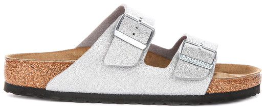 Sandalias Birkenstock Arizona | Birko-Flor plateado metálico - Acabado metálico para mujeres - Ajuste regular