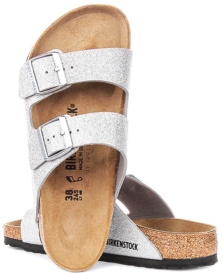 Sandalias Birkenstock Arizona | Birko-Flor plateado metálico - Acabado metálico para mujeres - Ajuste regular