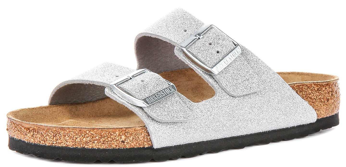 Sandalias Birkenstock Arizona | Birko-Flor plateado metálico - Acabado metálico para mujeres - Ajuste regular