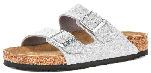 Sandalias Birkenstock Arizona | Birko-Flor plateado metálico - Acabado metálico para mujeres - Ajuste regular