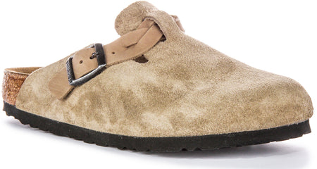 Sabots Birkenstock Boston | Cuir suédé taupe - Bride tressée pour femmes