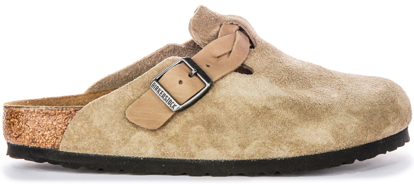 Zuecos Birkenstock Boston | Cuero de ante taupe - Correa trenzada para mujeres