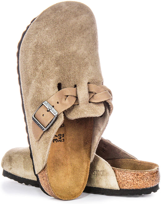 Zuecos Birkenstock Boston | Cuero de ante taupe - Correa trenzada para mujeres