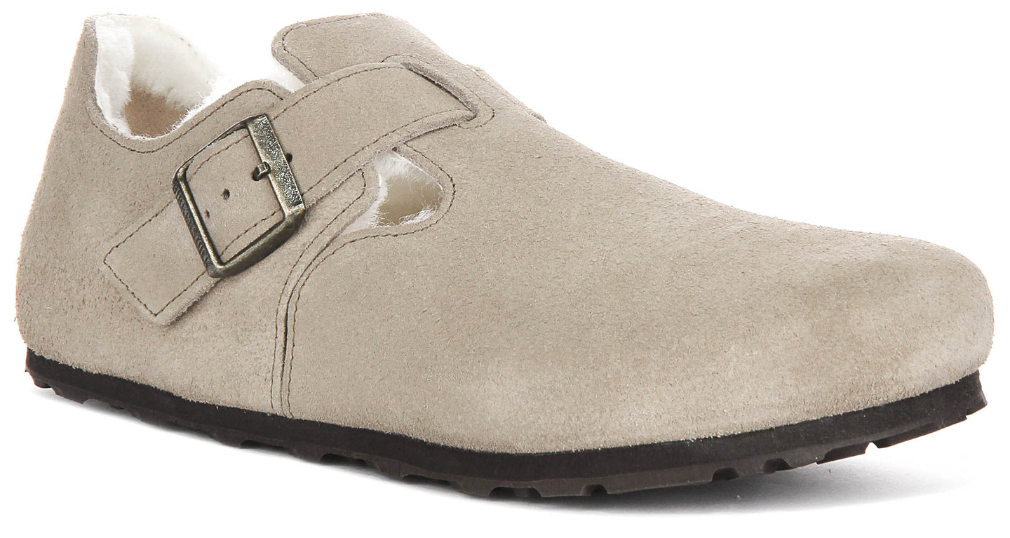 Birkenstock London Klompen | Taupe suède met schapenvachtvoering voor Dames