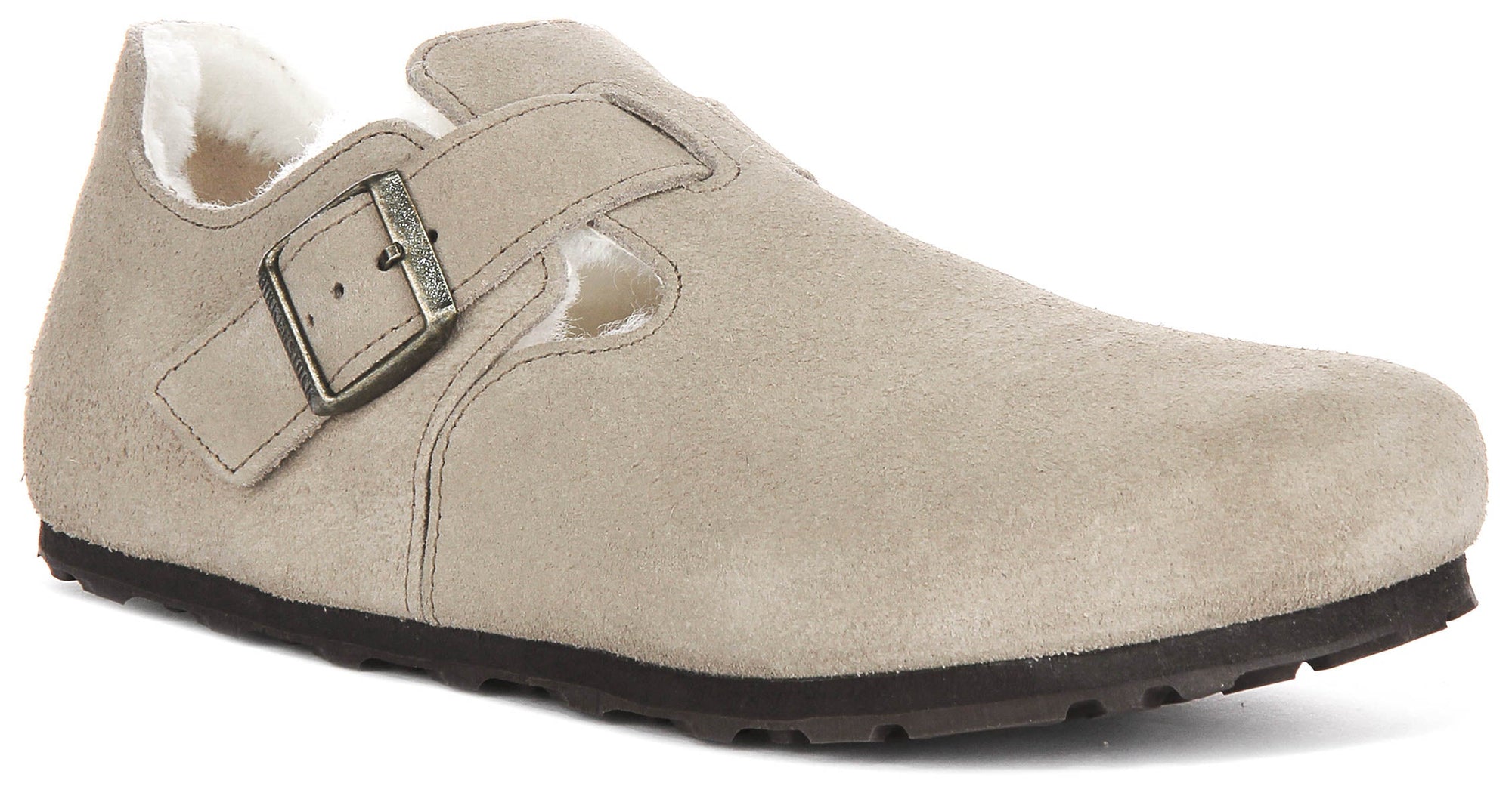 Sabots Birkenstock London | Cuir suédé taupe doublé en peau lainée pour femmes