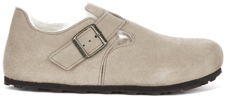 Sabots Birkenstock London | Cuir suédé taupe doublé en peau lainée pour femmes