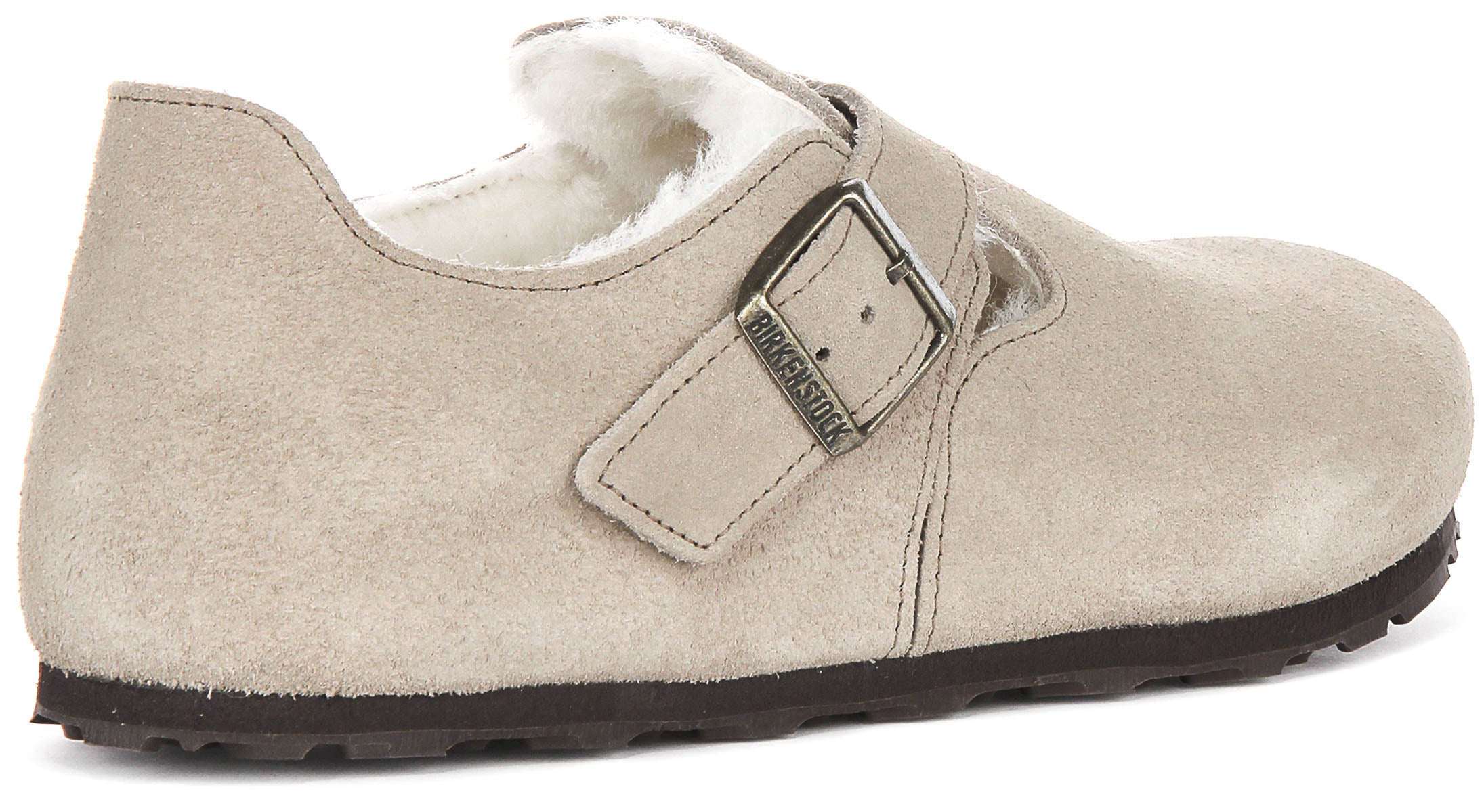 Sabots Birkenstock London | Cuir suédé taupe doublé en peau lainée pour femmes